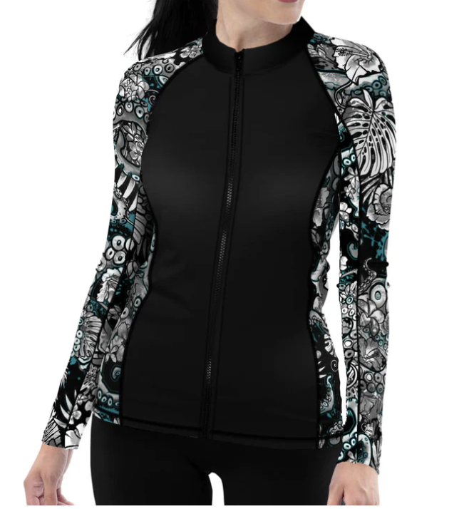 SPACEFISH Electric Blue Octofloral Zip Rashguard